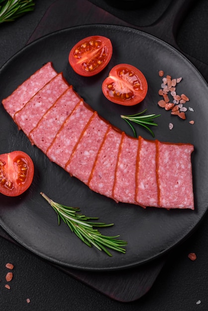 Delicious fresh sausage salami with salt tomatoes and spices