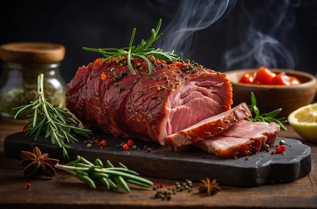 Photo delicious fresh smoked meat or ham with spices and herbs