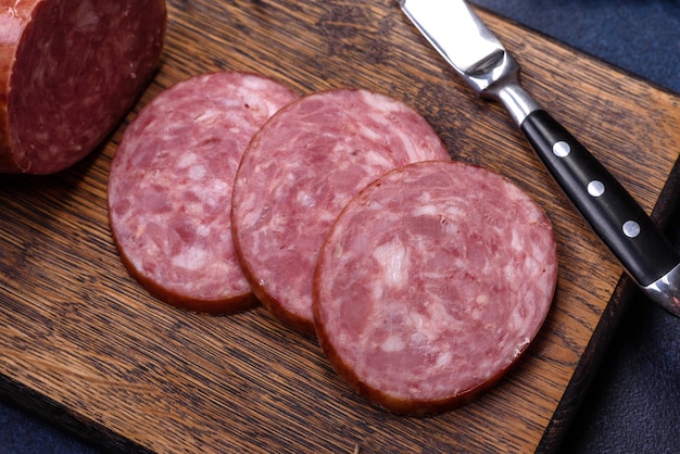 Delicious fresh smoked sausage cut with slices on a wooden cutting board