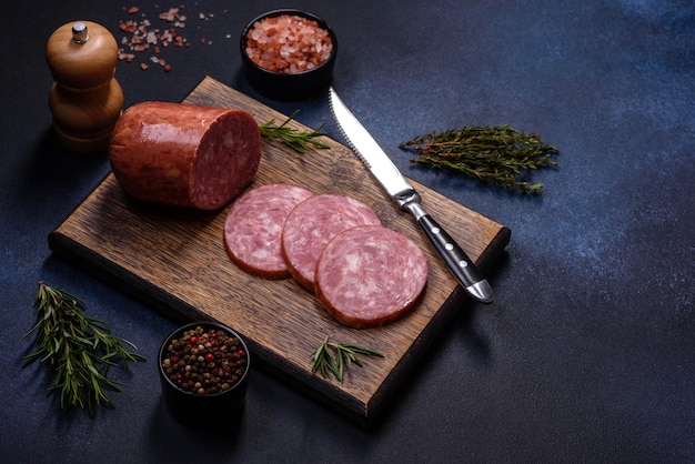 Delicious fresh smoked sausage cut with slices on a wooden cutting board