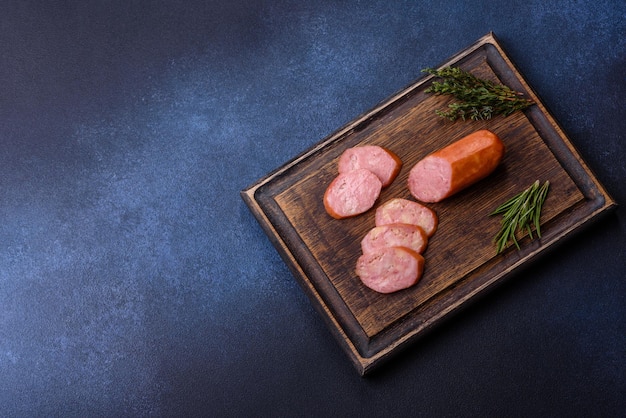 Delicious fresh smoked sausages cut with slices on a wooden cutting board