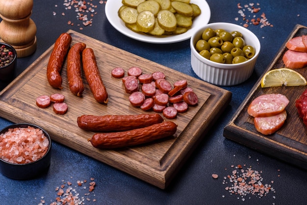 Delicious fresh smoked sausages cut with slices on a wooden cutting board