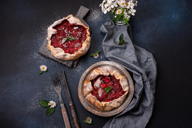 Delicious fresh sweet homemade rustic style strawberry tart