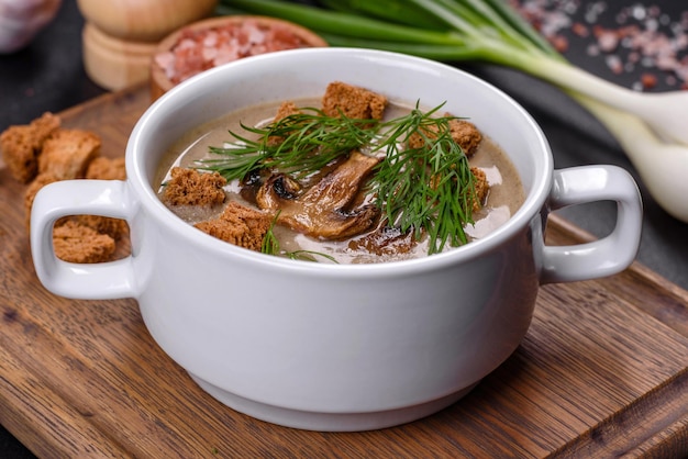 A delicious fresh thick soup of mushroom puree with breadcrumbs spices and herbs