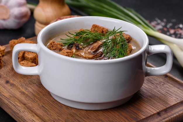 A delicious fresh thick soup of mushroom puree with breadcrumbs spices and herbs