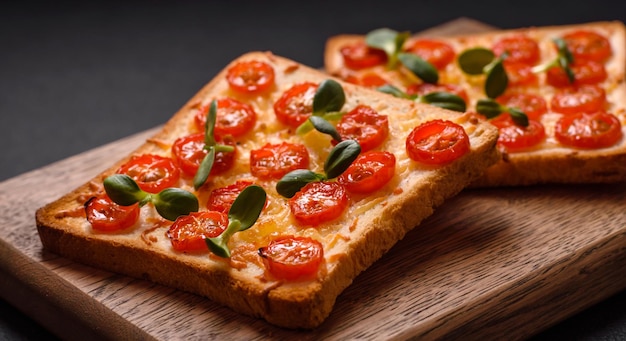 Delicious fresh toast or bruschetta with tomatoes cheese herbs salt and spices