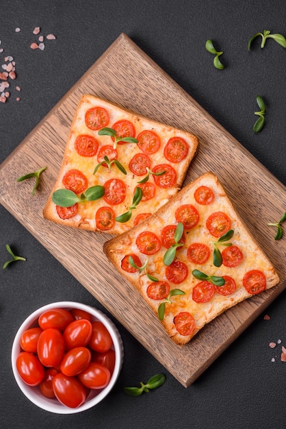 Delicious fresh toast or bruschetta with tomatoes cheese herbs salt and spices