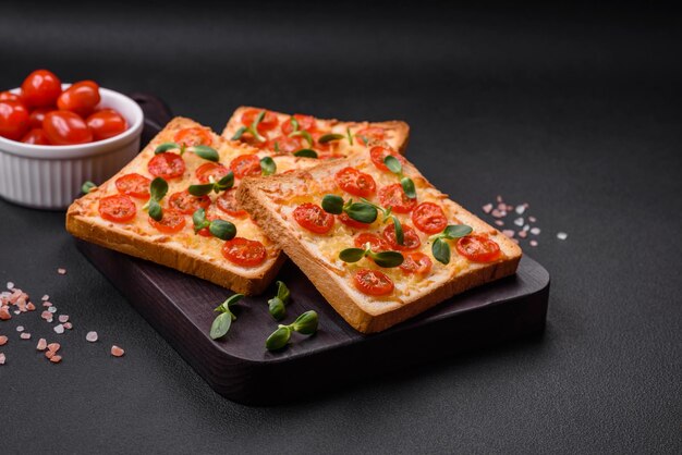 Delicious fresh toast or bruschetta with tomatoes cheese herbs salt and spices