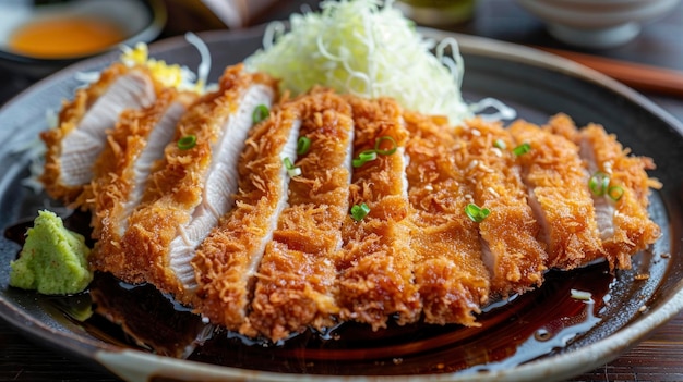 Photo delicious fresh tonkatsu beautiful serving exquisite decor light interior staged professional photo