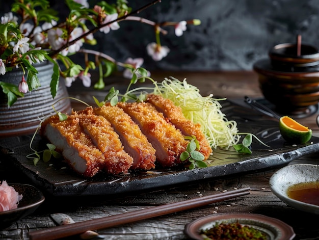 Photo delicious fresh tonkatsu beautiful serving exquisite decor light interior staged professional photo