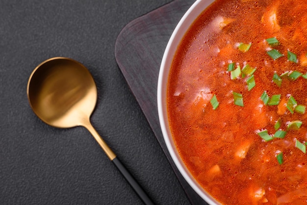 Delicious fresh Ukrainian borscht with beets carrots and cabbage