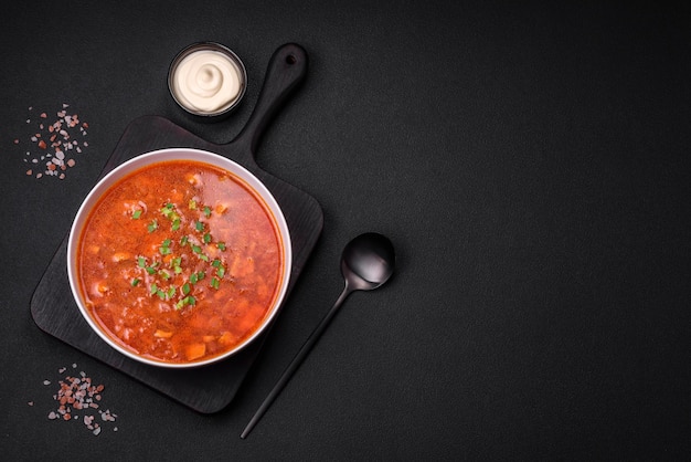 Delicious fresh Ukrainian borscht with beets carrots and cabbage