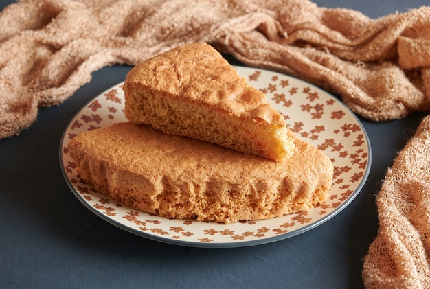 Delicious freshly baked sponge cake on a plate