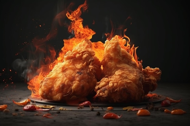 Delicious fried chicken in 3d illustration with fire and chili concept of spicy flavor