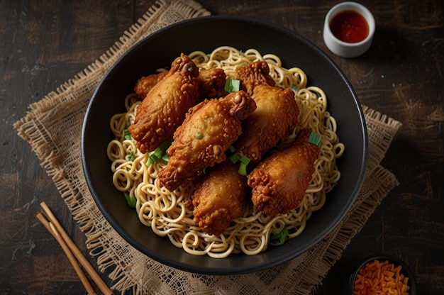 Photo delicious fried chicken and instant noodles combo generative ai