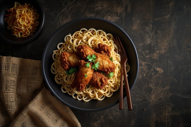 Photo delicious fried chicken and instant noodles combo generative ai