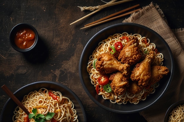 Photo delicious fried chicken and instant noodles combo generative ai