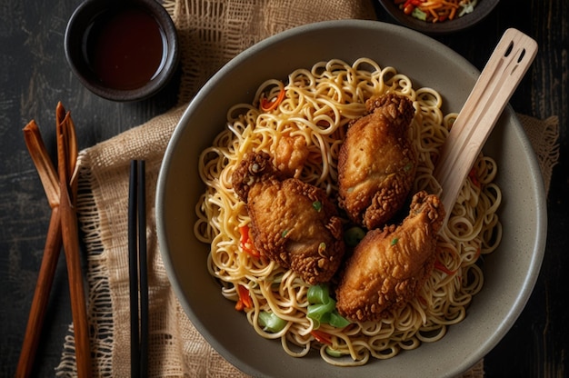 Photo delicious fried chicken and instant noodles combo generative ai