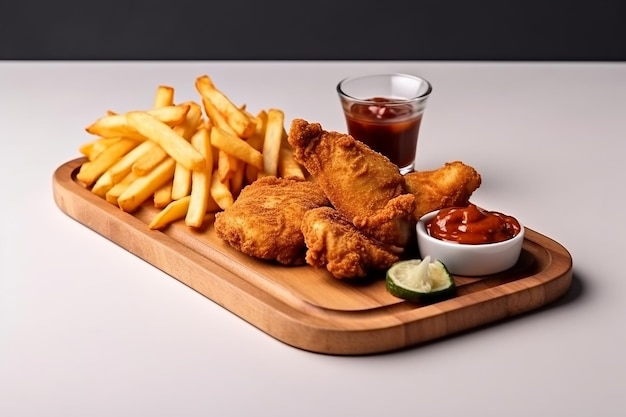 Photo delicious fried chicken with french fries isolated on white background