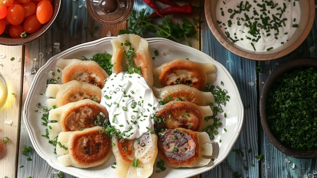 Photo delicious fried dumplings with sour cream and chives