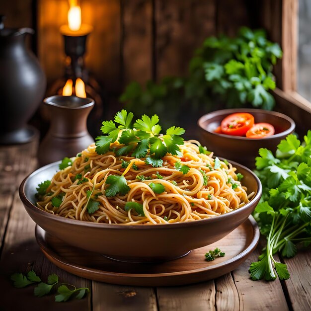 Delicious Fried Noodles with Fresh Parsley Garnish