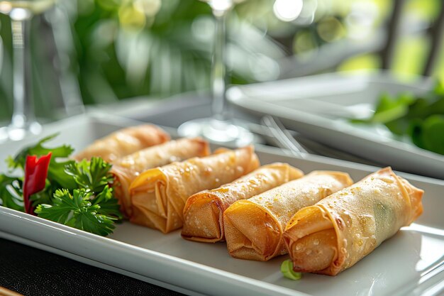 Delicious fried spring rolls beautifully arranged on a white dish on a stunning restaurant table are seen in detail against a hazy backdrop including advertising space Generative AI