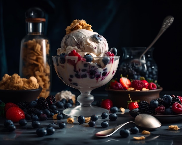 Delicious frozen desert with berries Ice cream with fruits on dark background Generative AI