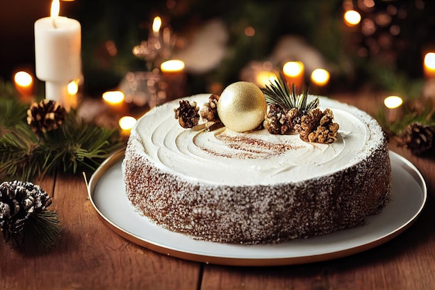 Delicious fruit cake with berries and decorations for New Year's table