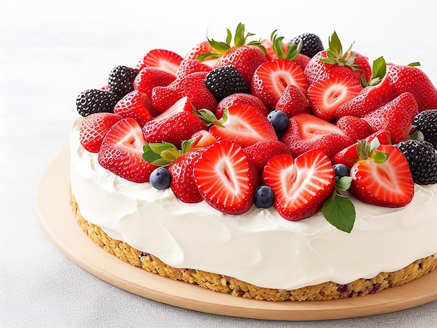 Delicious fruit cake with strawberries on top