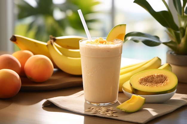 Delicious fruit mango banana smoothie in glass wooden table closeup Healthy breakfast lifestyle