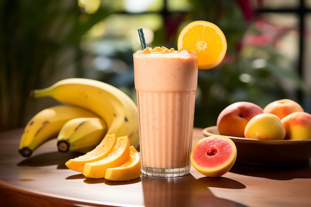 Delicious fruit mango banana smoothie in glass wooden table closeup Healthy breakfast lifestyle