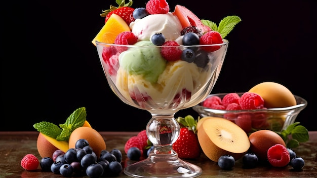 Delicious Fruit Salad in a Glass with Ice Cream