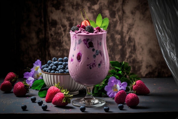 Delicious fruit smoothie with pink berries in a glass With soy milk and berries a nutritious vegan milkshake or smoothie