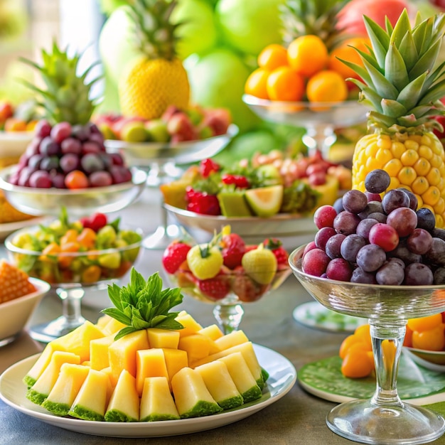 Photo delicious fruits appetizers desserts on stand modern sweet table at wedding or baby shower luxury catering concept