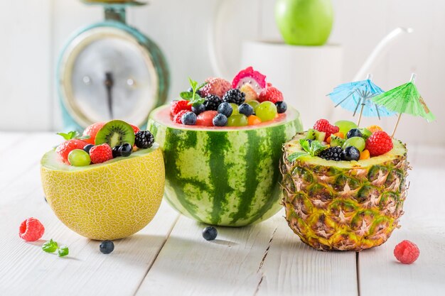 Delicious fruits salad in watermelon pineapple and melon