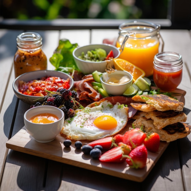 A delicious fusionstyle breakfast spread on a table featuring a variety of mouthwatering dishes and vibrant colors