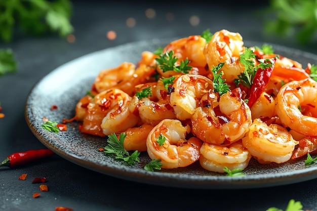 Photo delicious garlic shrimp with parsley garnish and chili flakes served as a gourmet seafood dish