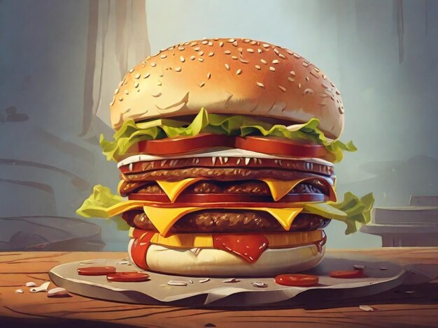 Delicious giant burger standing on wooden tabletop