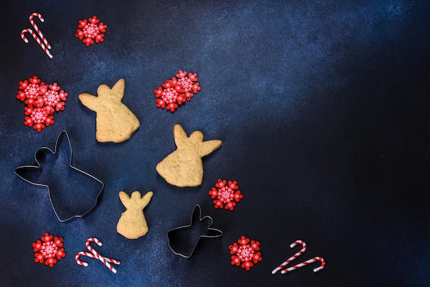 Delicious gingerbread cookies with honey ginger and cinnamon Christmas composition