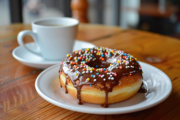 Delicious glazed donut with sprinkles and coffee