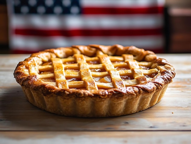 Delicious Golden Brown Apple Pie on Wooden Table with Blurred American Flag Background Food Photography