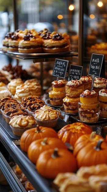 Photo delicious golden brown cakes displayed in bakery window display case