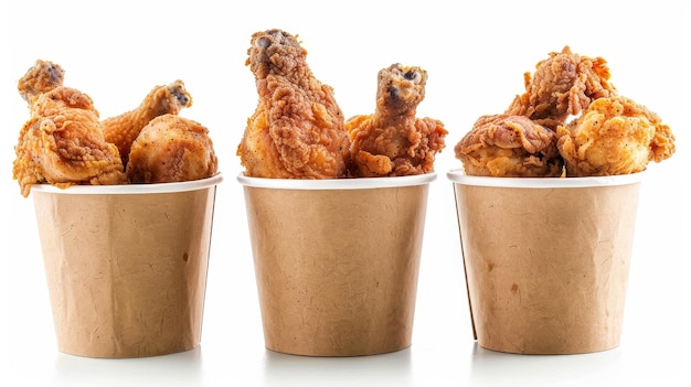 Photo delicious golden crispy roasted fried chicken in brown paper bucket on white background