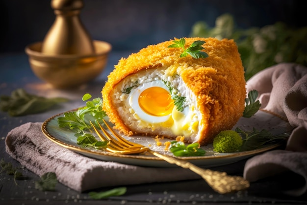 Delicious golden fried chicken kiev with delicate cream and egg filling created with generative ai