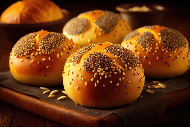 Delicious golden poppy seed buns sprinkled with grains for breakfast