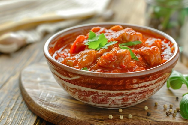 Delicious goulash stew on table