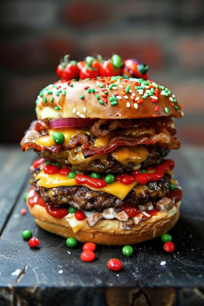 Delicious Gourmet Burger with Festive Lights in the Background