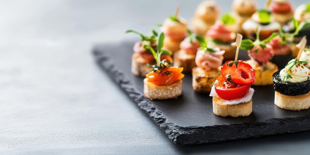 Photo delicious gourmet canapes arranged elegantly on a slate platter perfect for events and gatherings