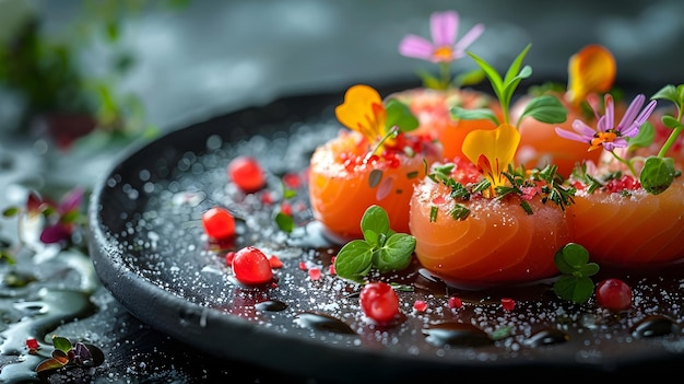 Delicious Gourmet Salmon Nigiri Sushi Decorated with Fresh Edible Flowers and Herbs