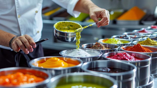 Photo delicious gourmet sauces being prepared by chef with fresh ingredients